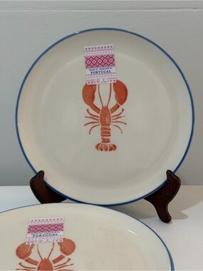Set of 4 Portugal 9" Luncheon Plates, Lobster Design with Blue Border NWT